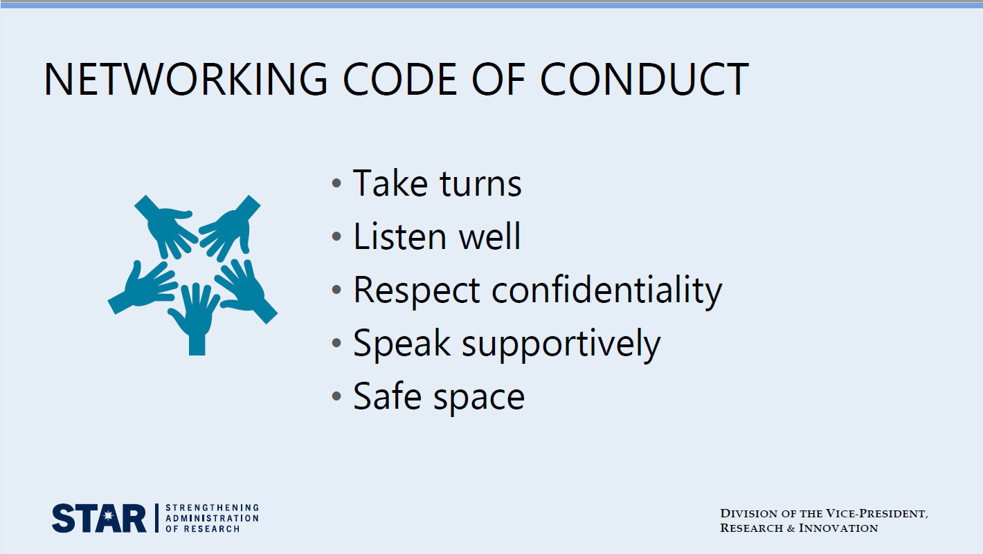 Image of slide noting a networking code of conduct