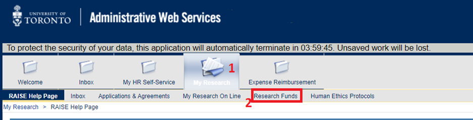 Screen capture of AWS showing icons fro My Research and Research Funds Link
