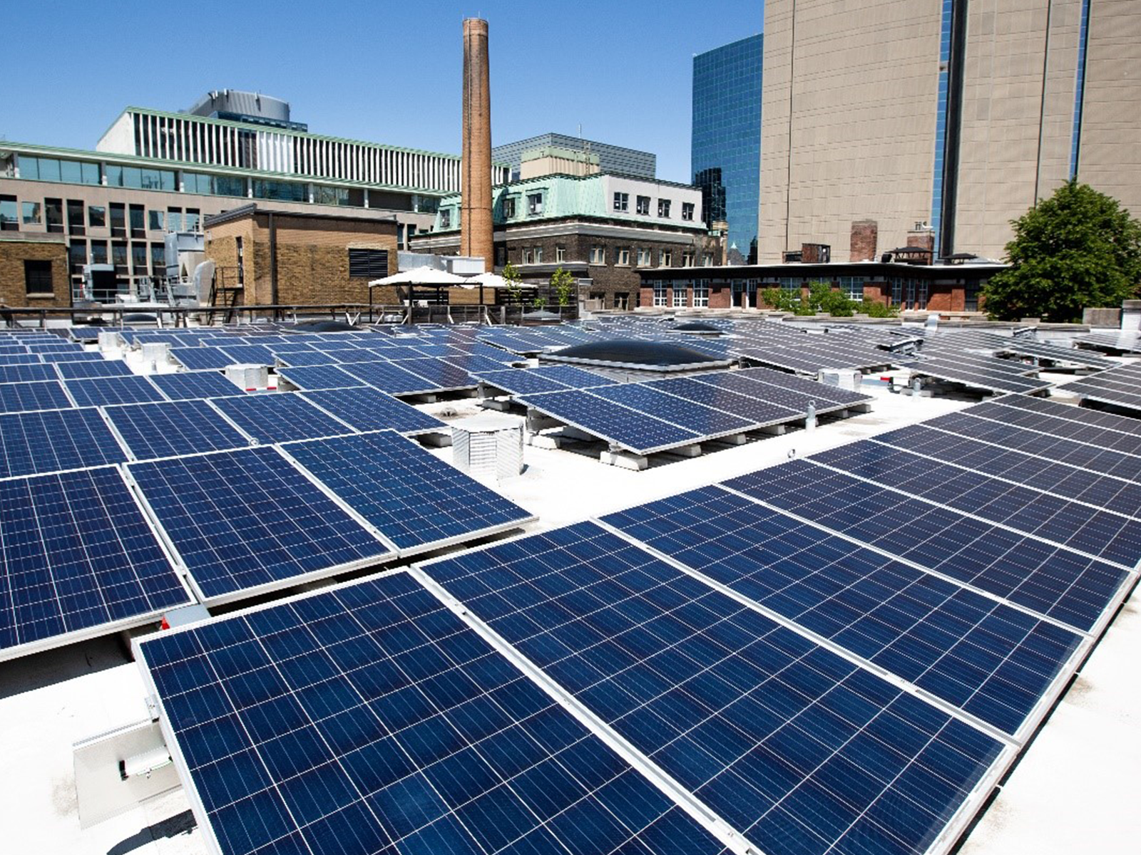 A rooftop solar array on a commercial building