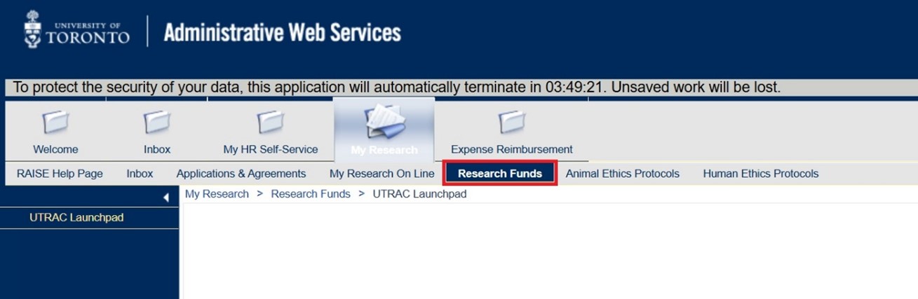 MRA Dashboard with Research funds highlighted in menu bar.