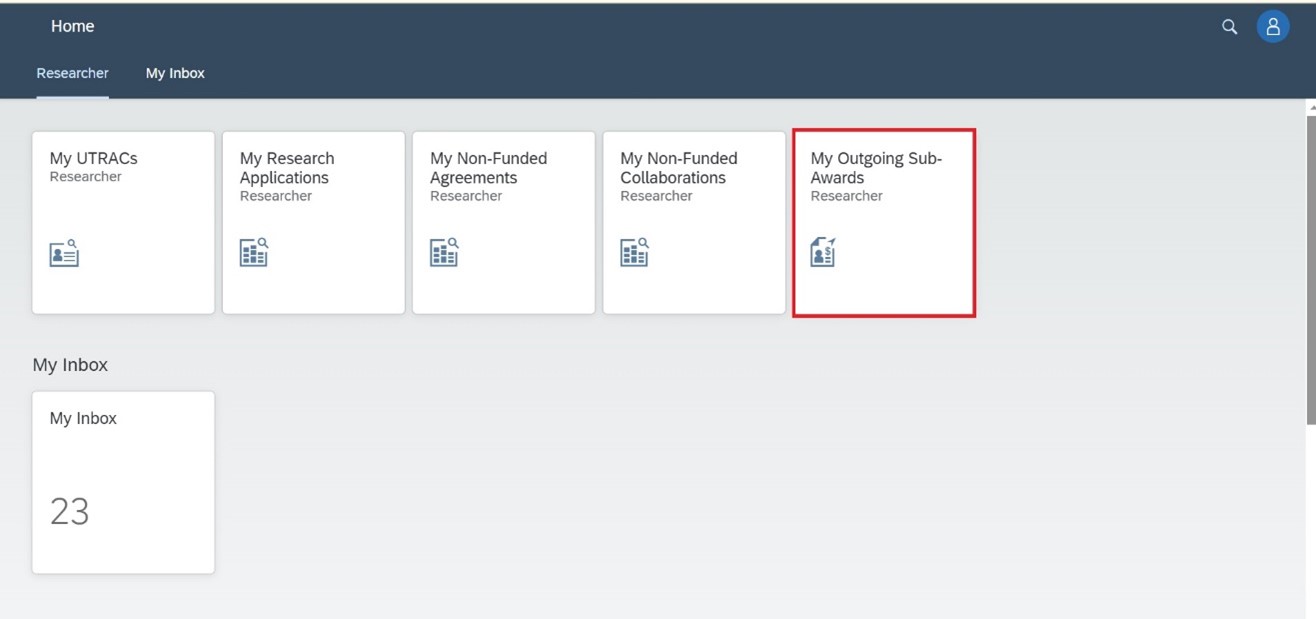 MRA Research Funds dashboards, My Outgoing Sub-Awards tile highlighted