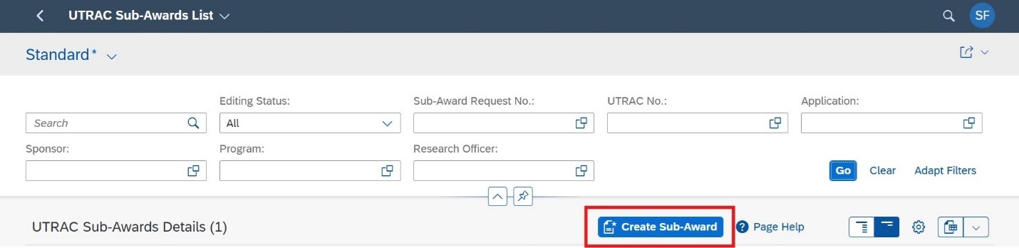 MRA screen shot of UTRAC Sub-Awards List with Create Sub-Award button highlighted